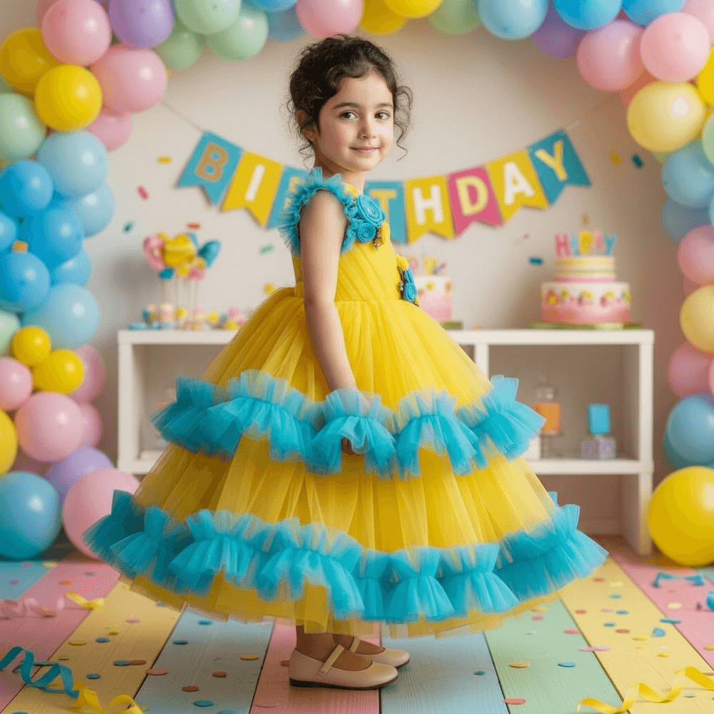 Yellow Party Frock with Sequin-Embellished Bodice & Net Skirt for Girls M260208