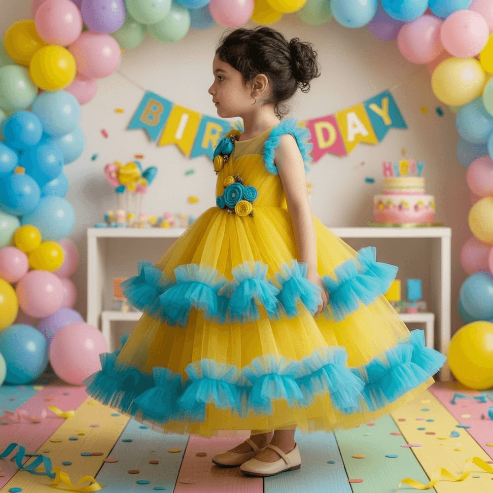 Yellow Party Frock with Sequin-Embellished Bodice & Net Skirt for Girls M260208