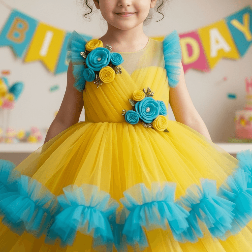 Yellow Party Frock with Sequin-Embellished Bodice & Net Skirt for Girls M260208