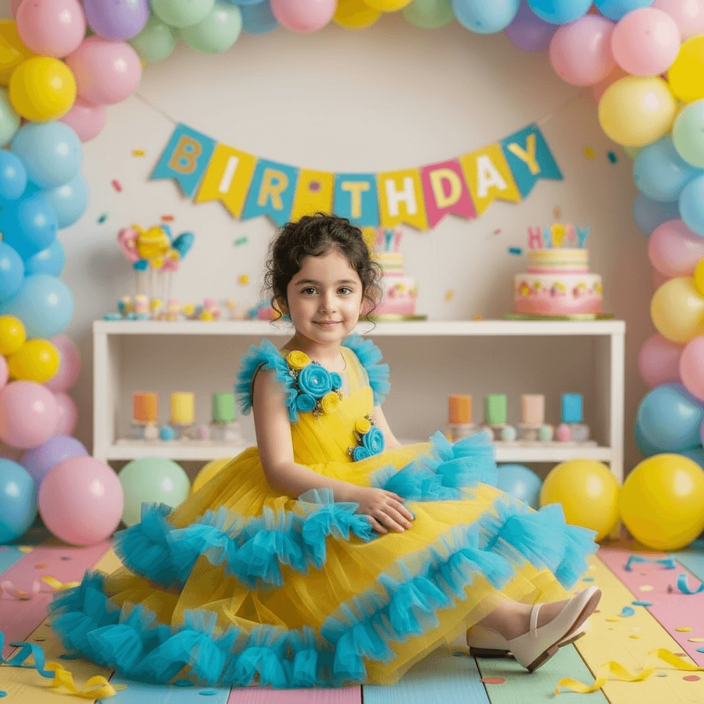 Yellow Party Frock with Sequin-Embellished Bodice & Net Skirt for Girls M260208