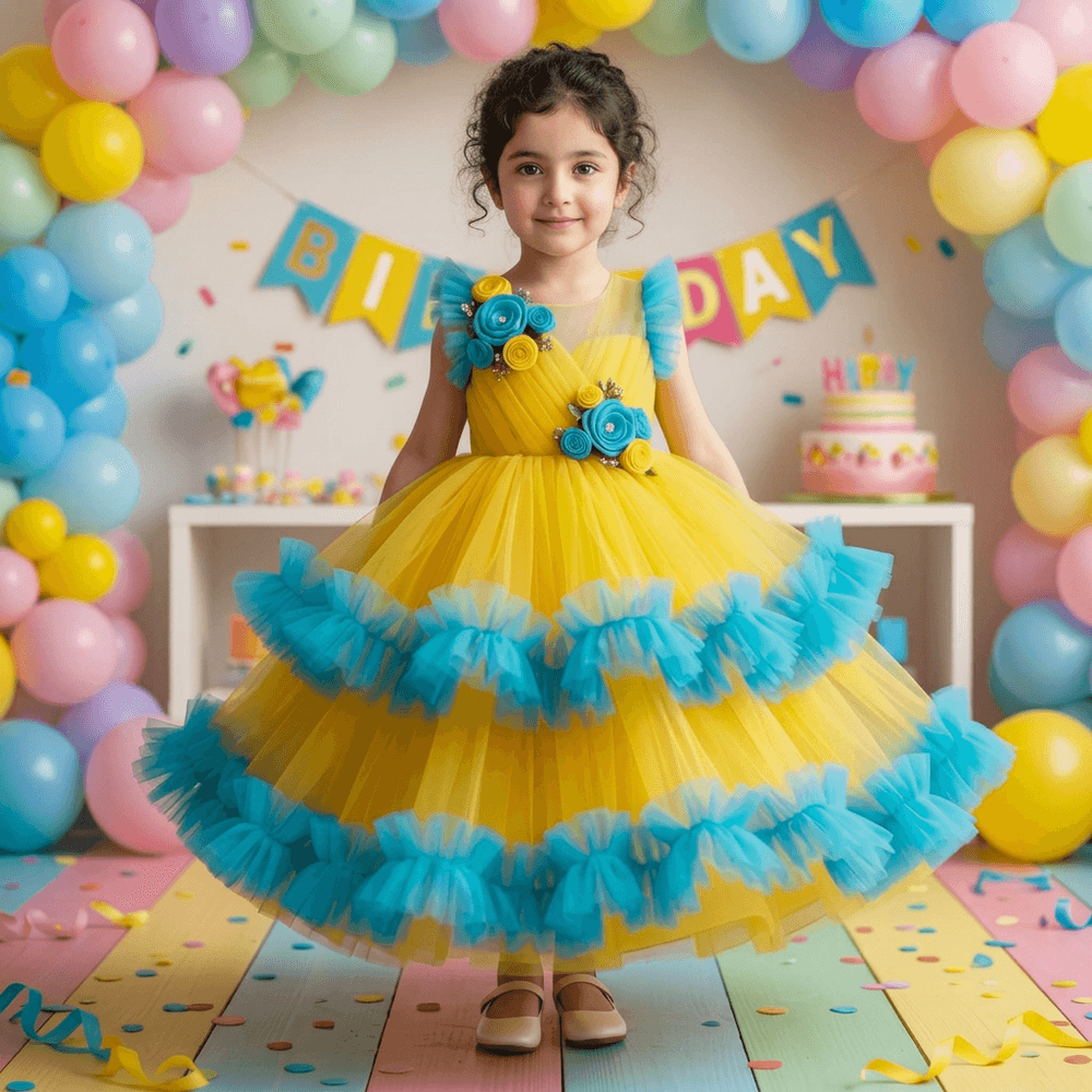 Yellow Party Frock with Sequin-Embellished Bodice & Net Skirt for Girls M260208