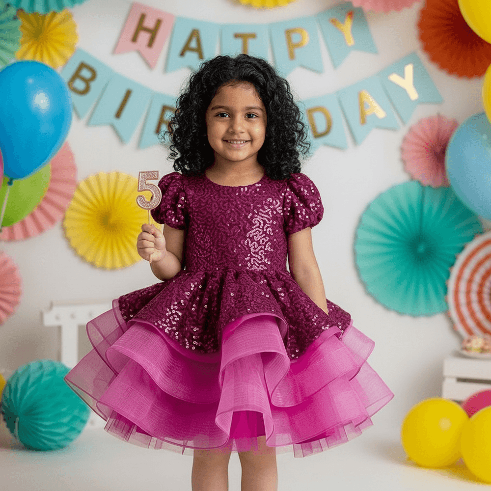 Magenta Sequin Peplum Party Frock for Girls M260064