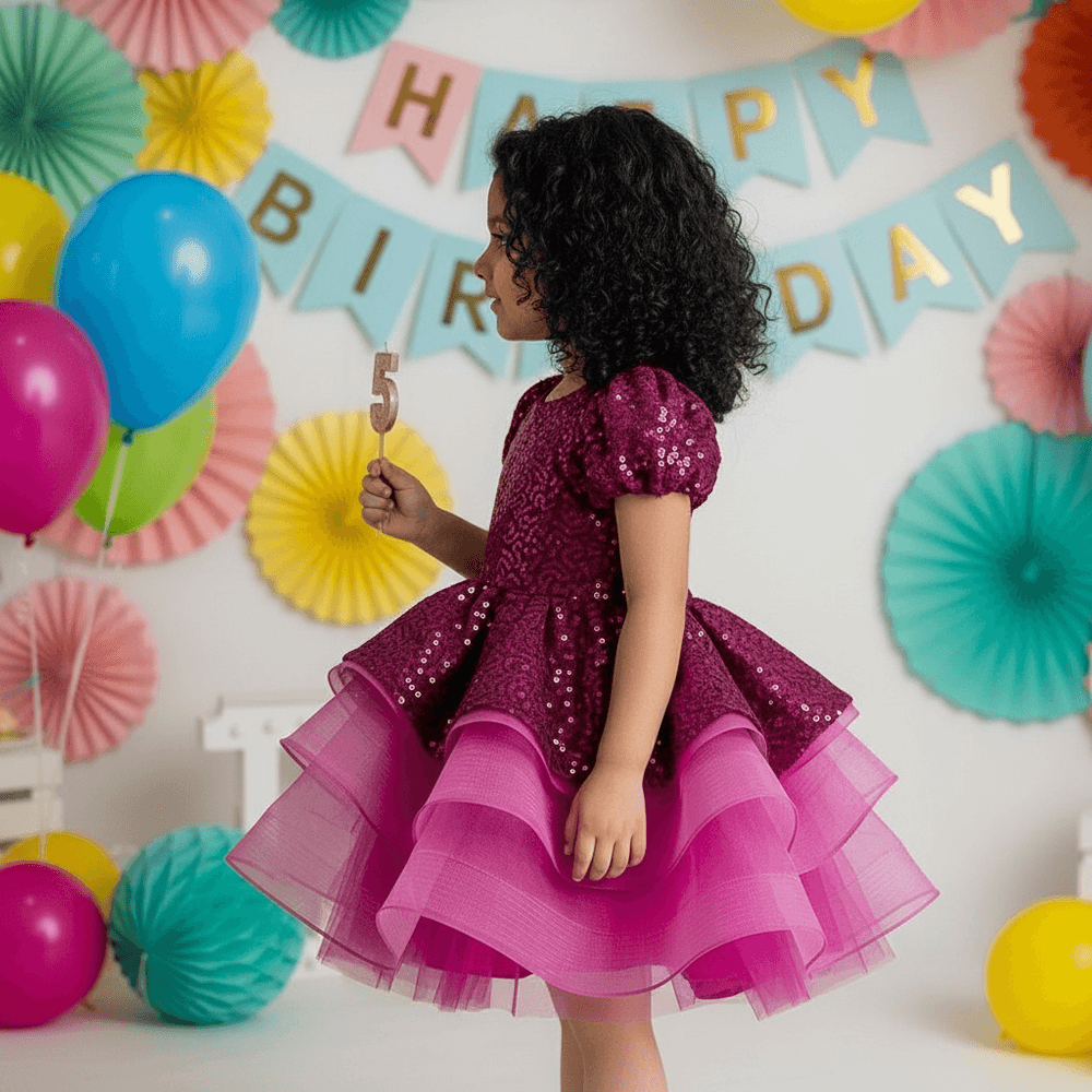 Magenta Sequin Peplum Party Frock for Girls M260064