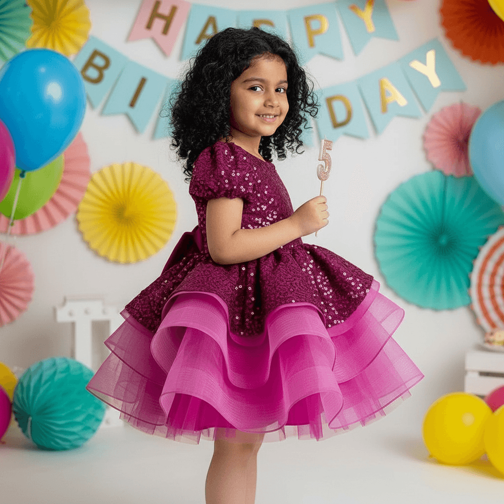 Magenta Sequin Peplum Party Frock for Girls M260064