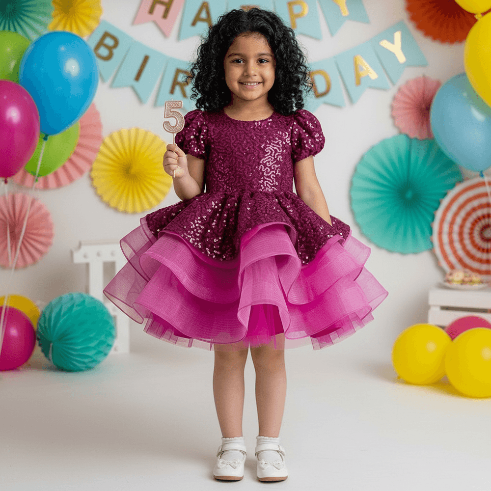 Magenta Sequin Peplum Party Frock for Girls M260064