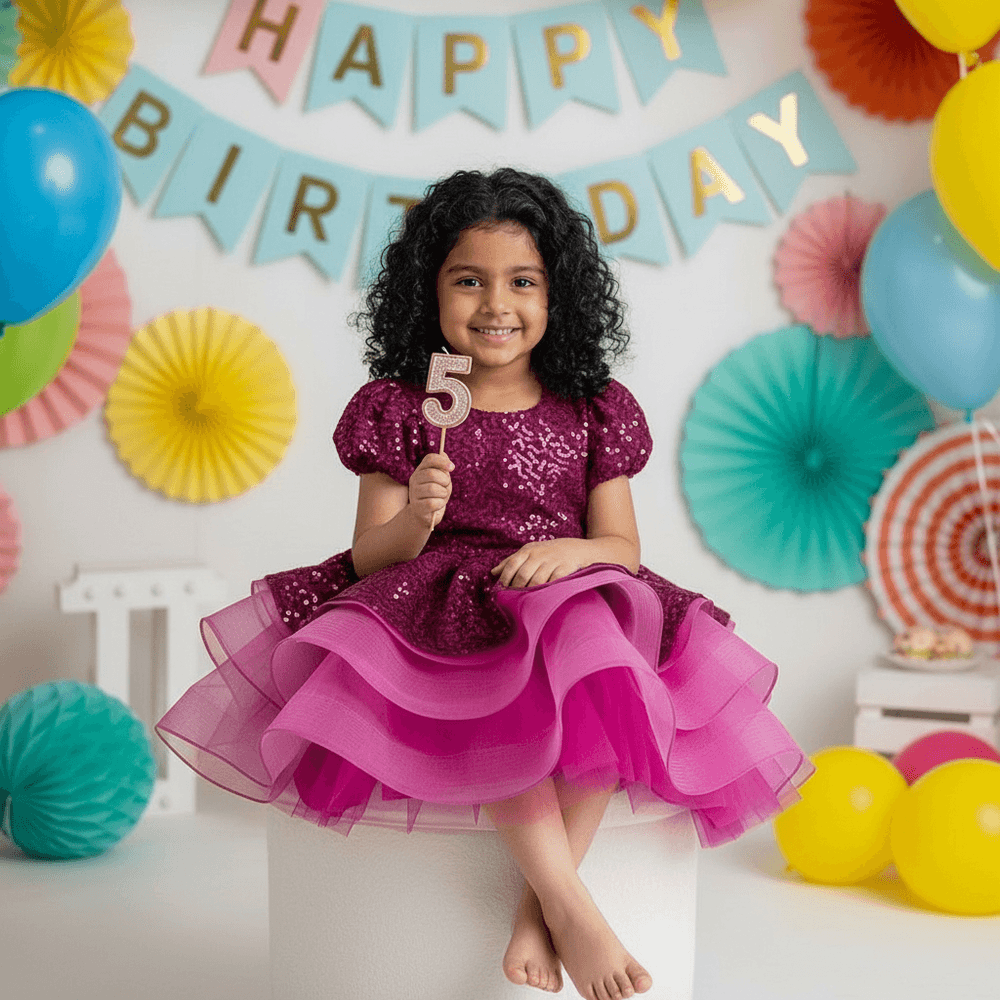 Magenta Sequin Peplum Party Frock for Girls M260064