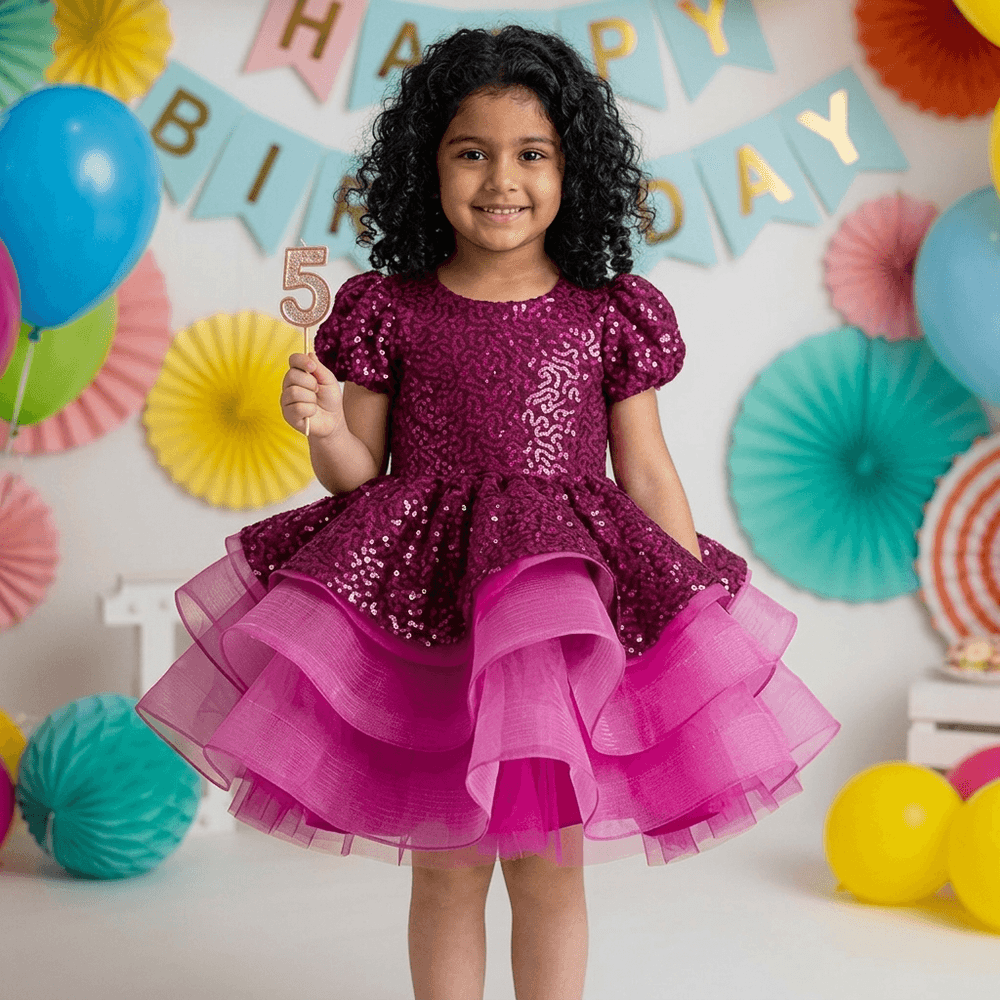 Magenta Sequin Peplum Party Frock for Girls M260064