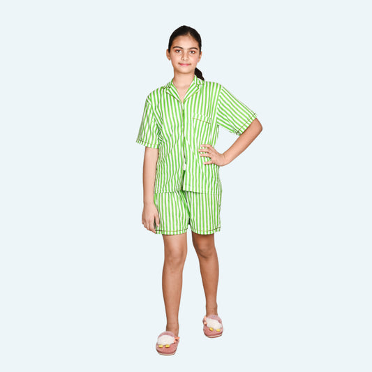 Girls Green stripes night suit set with shorts