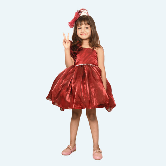Girls Maroon one shoulder Party frock
