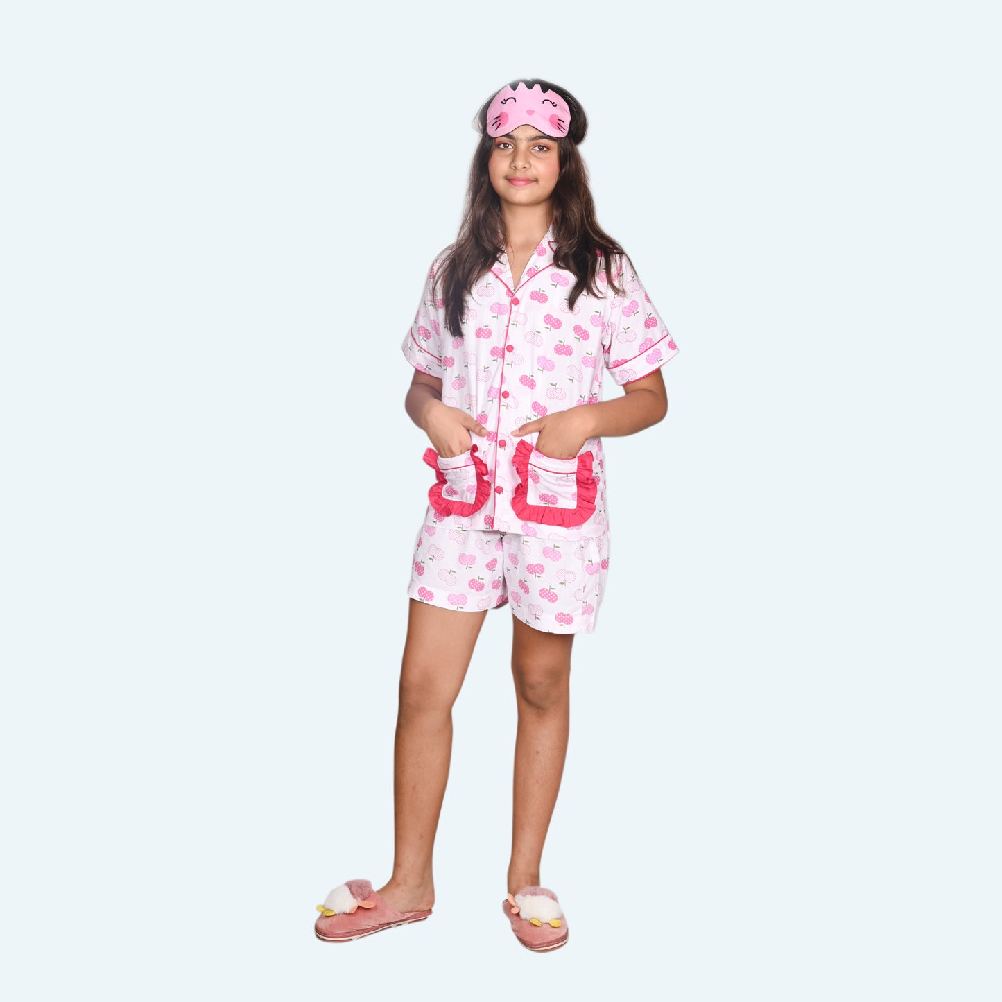 Girls Pink printed night suit set with shorts