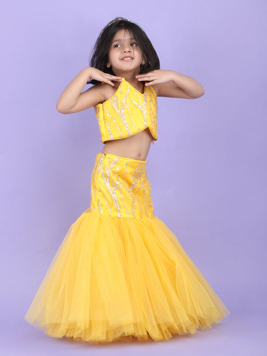 Yellow Color Ethnic Wear Sleeveless Lehenga Choli Set For Girls