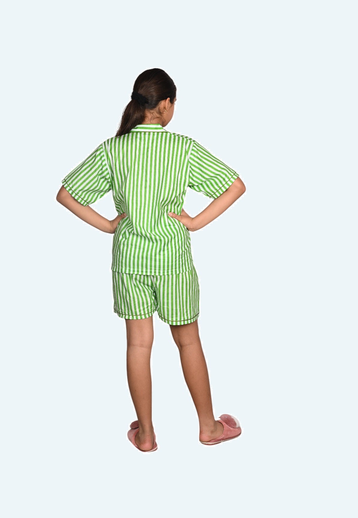 Girls Green stripes night suit set with shorts