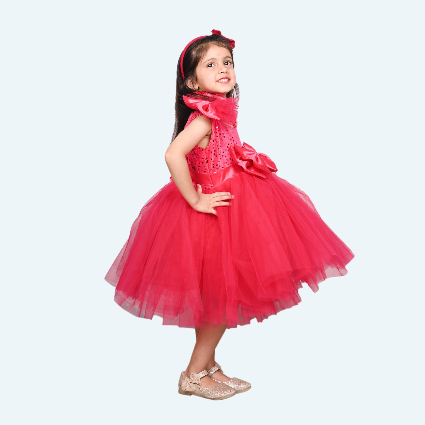 Girls Magenta one shoulder Layered frock