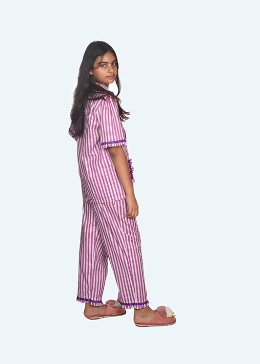 Girls Purple stripes night suit set