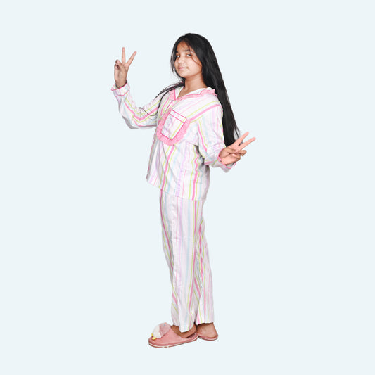 Girls white printed night suit set