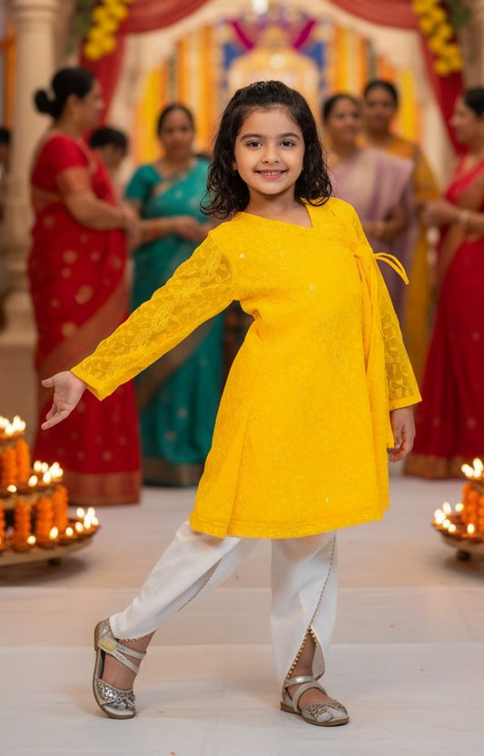 Yellow Kurta And Dhoti Pant Set For Girls