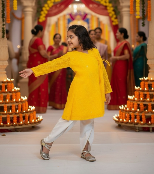 Yellow Kurta And Dhoti Pant Set For Girls