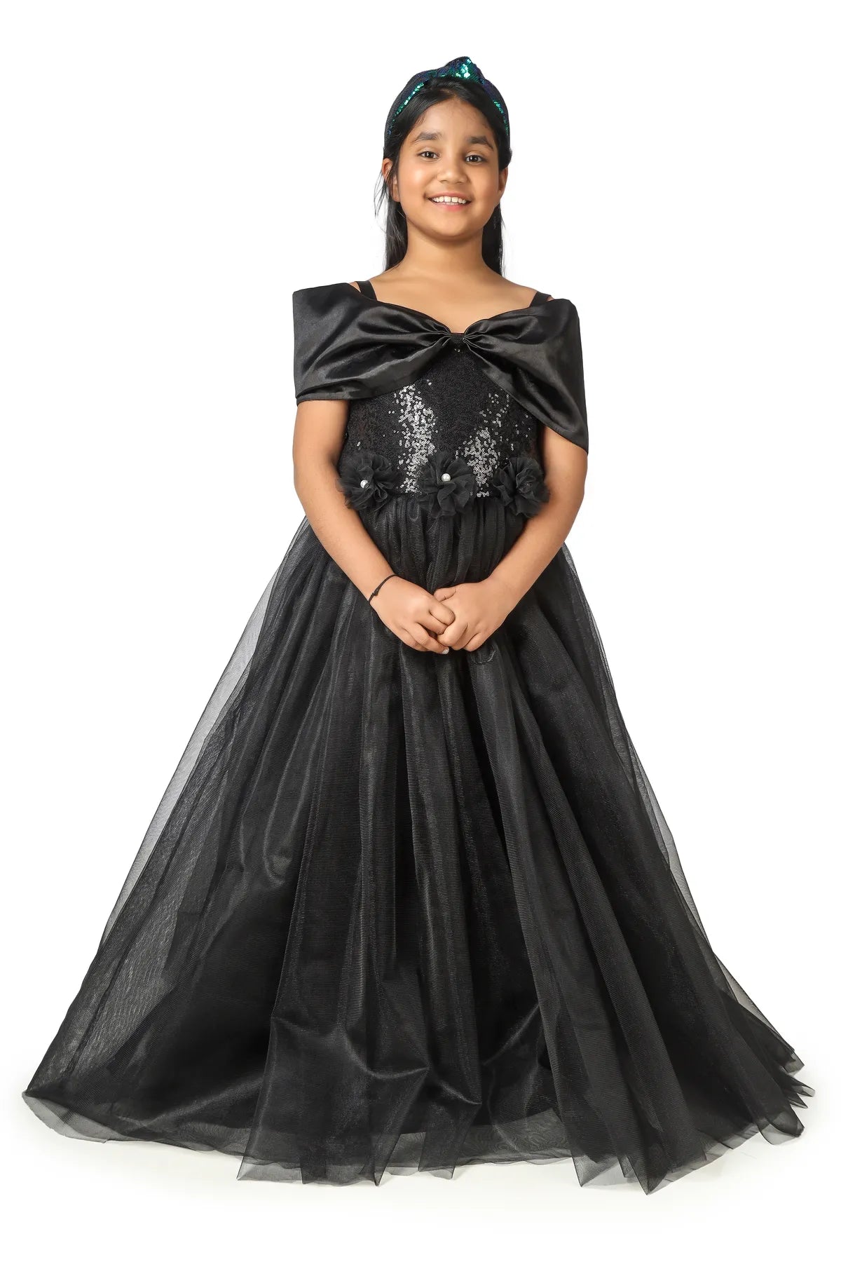 Black Flared Net Designer Gown For Girls