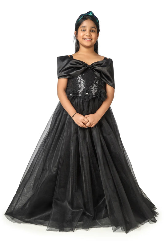 Black Flared Net Designer Gown For Girls