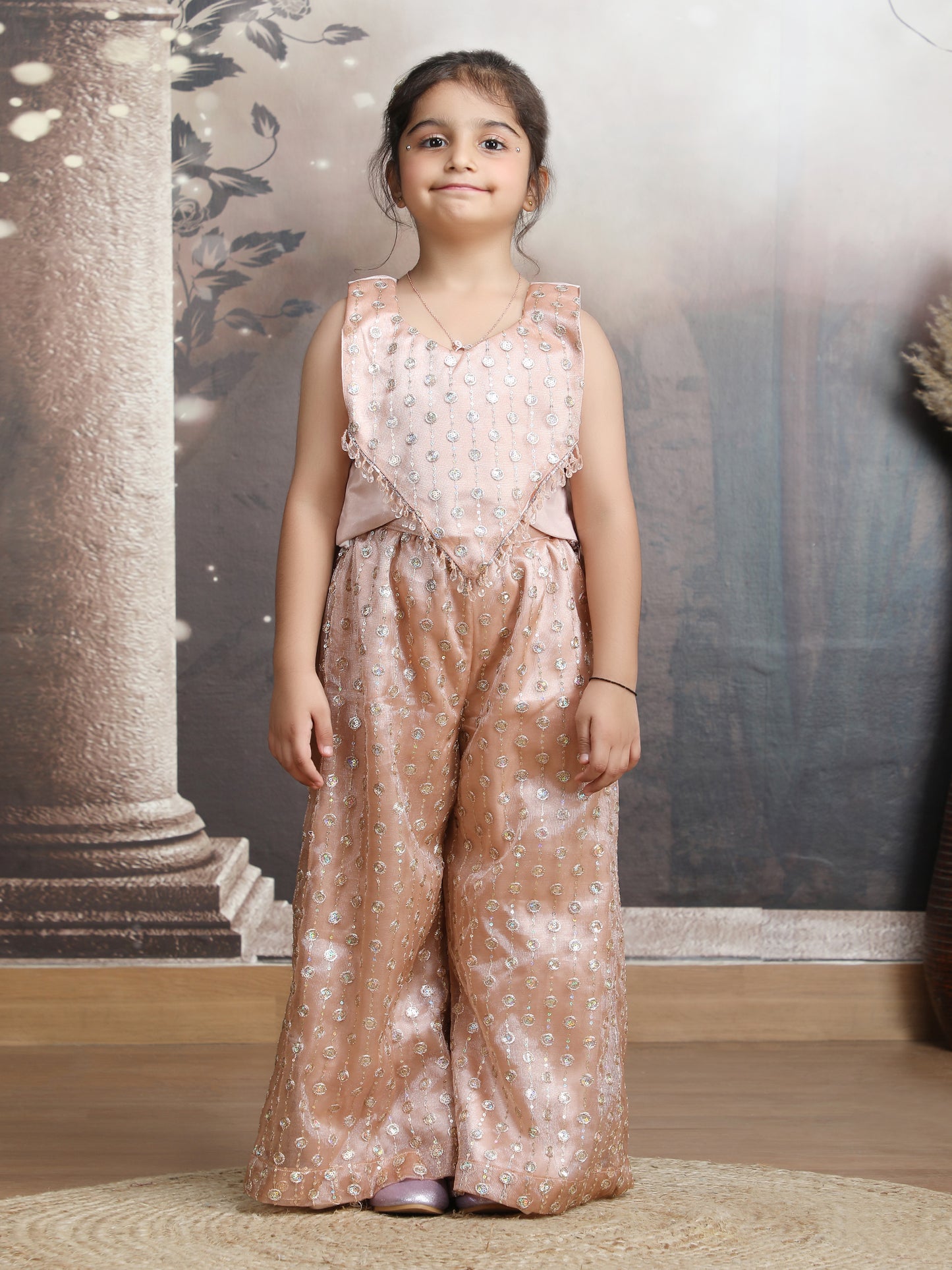 champagne Color Ethnic Wear Sleeveless plazzo top Set For Girls M250318
