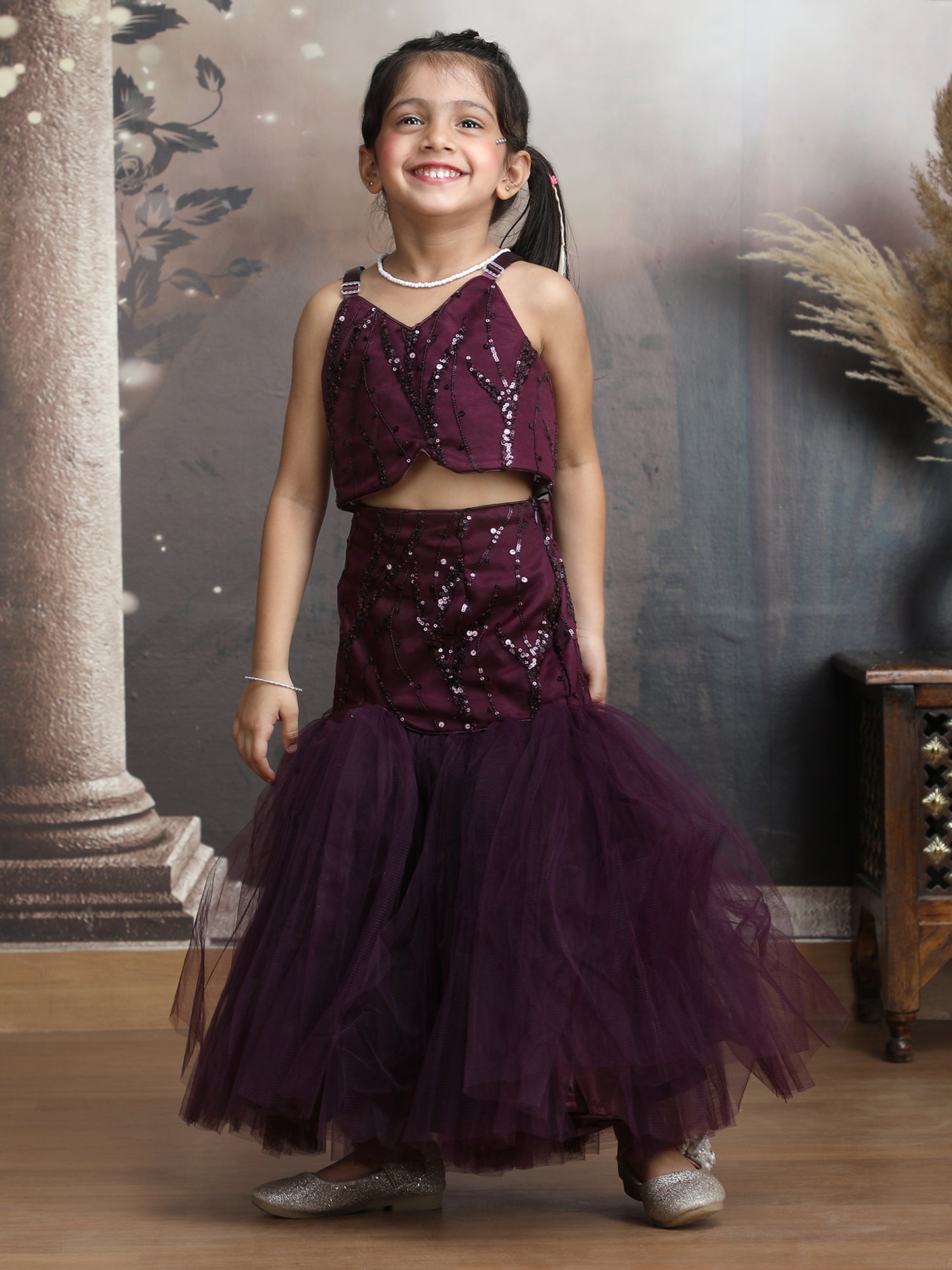 Wine Color Ethnic Wear Sleeveless Lehenga Choli Set For Girls-M250317