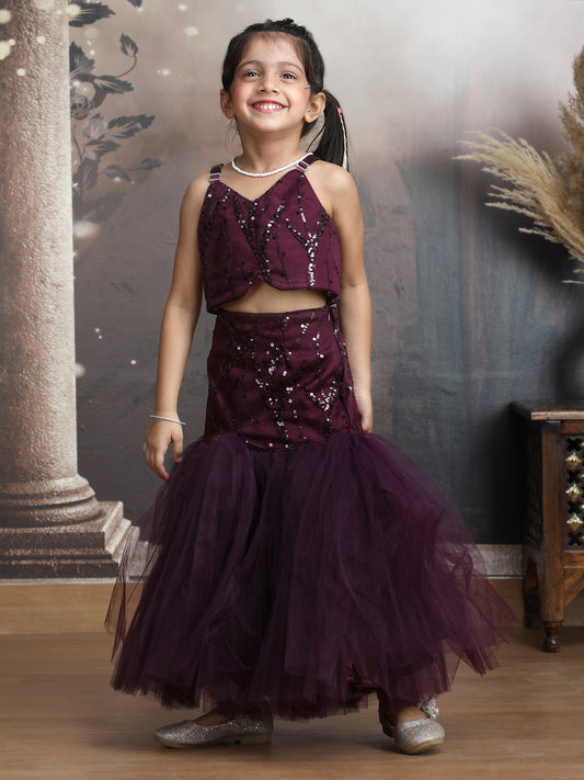 Wine Color Ethnic Wear Sleeveless Lehenga Choli Set For Girls-M250317