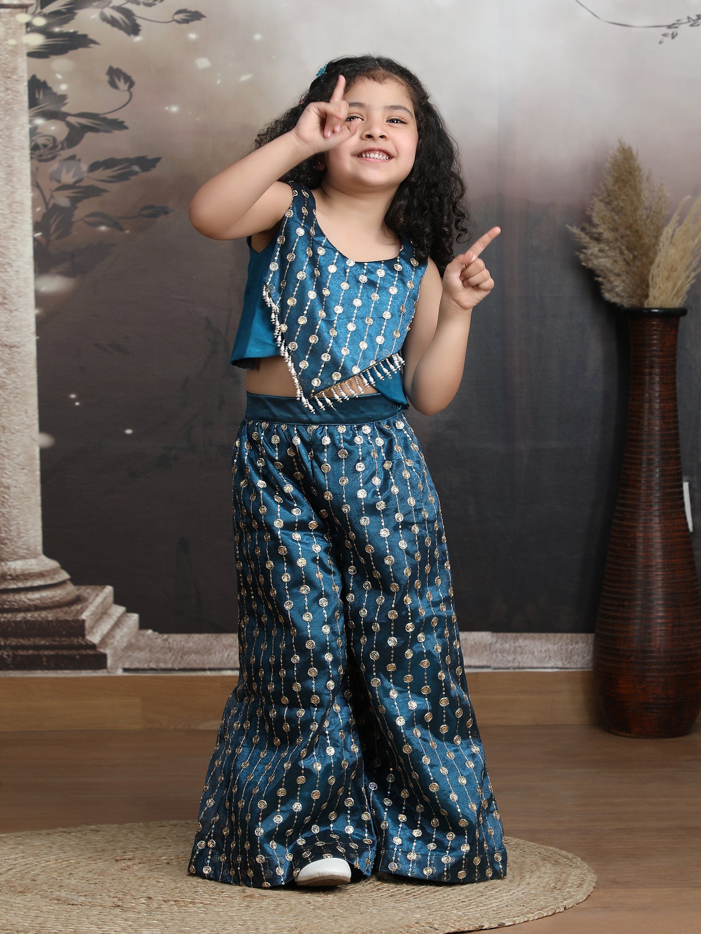 Green Color Ethnic Wear Sleeveless plazzo top Set For Girls M250319