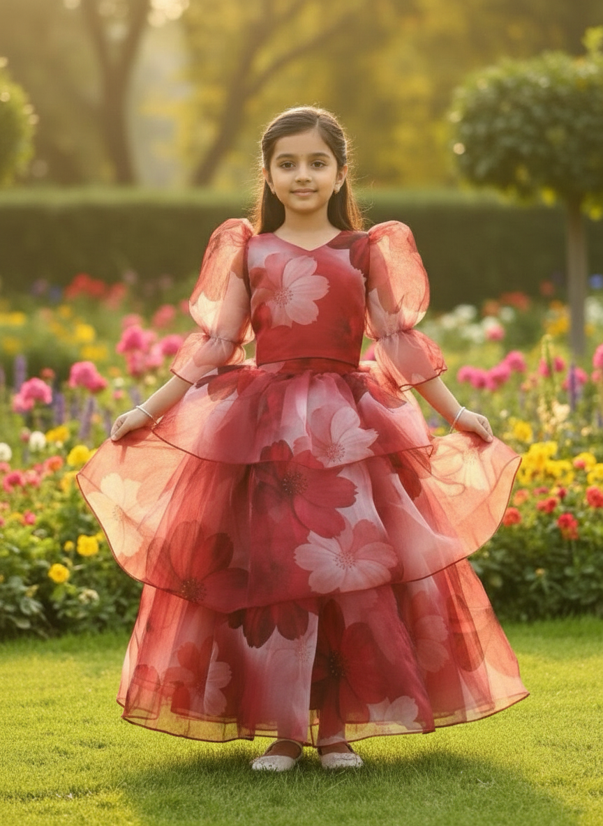 Girls maroon printed indo western party dress