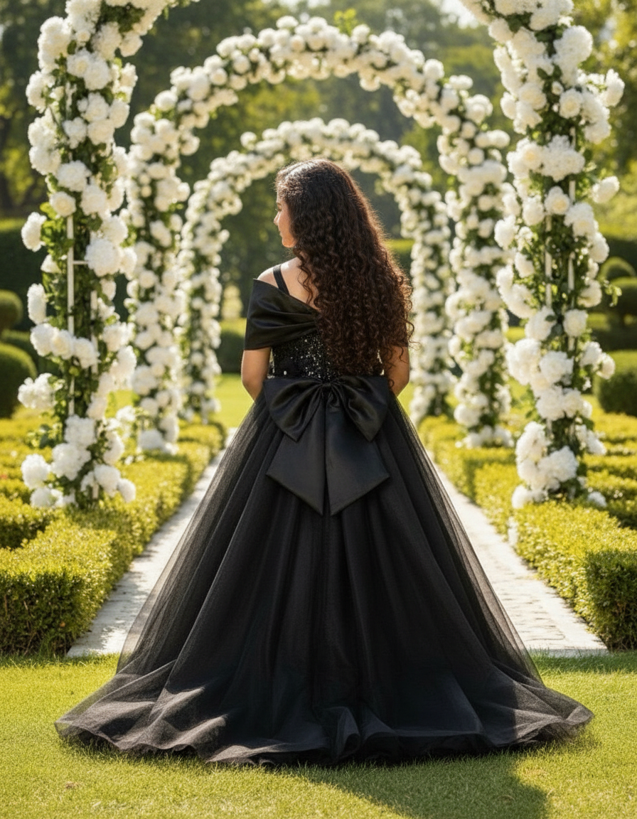 Black Flared Net Designer Gown For Girls