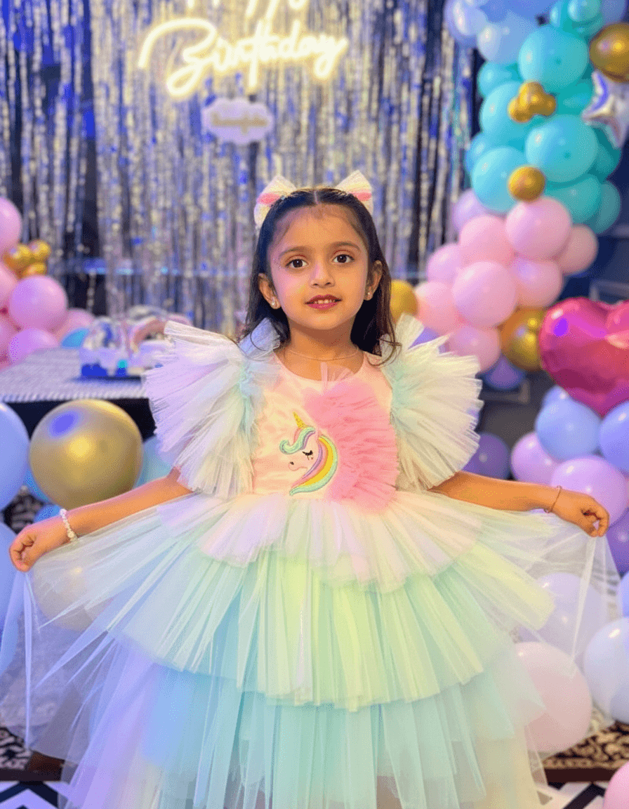Green Unicorn Birthday Party Frock for Girls m260295