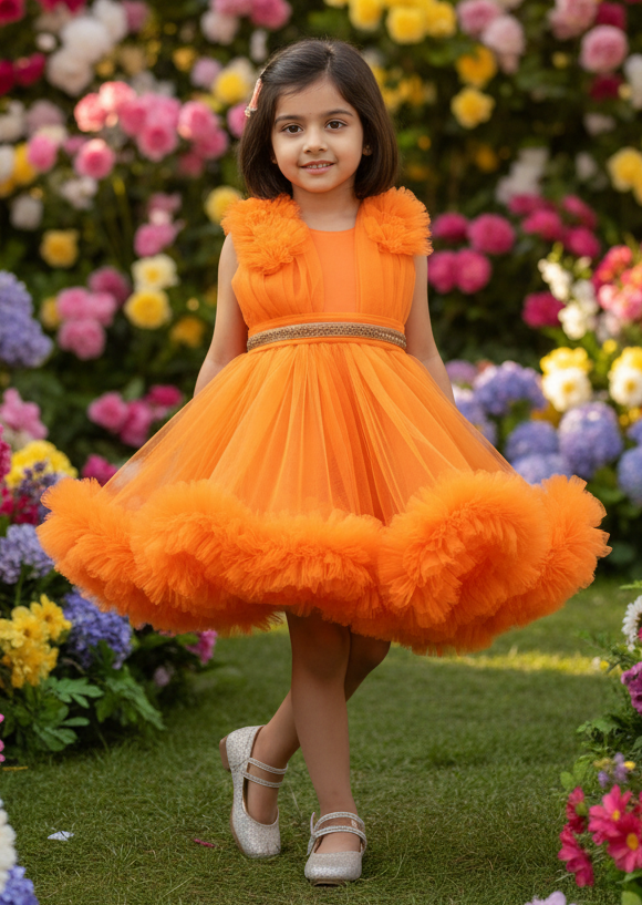 Girls orange knee length Party frock m240013