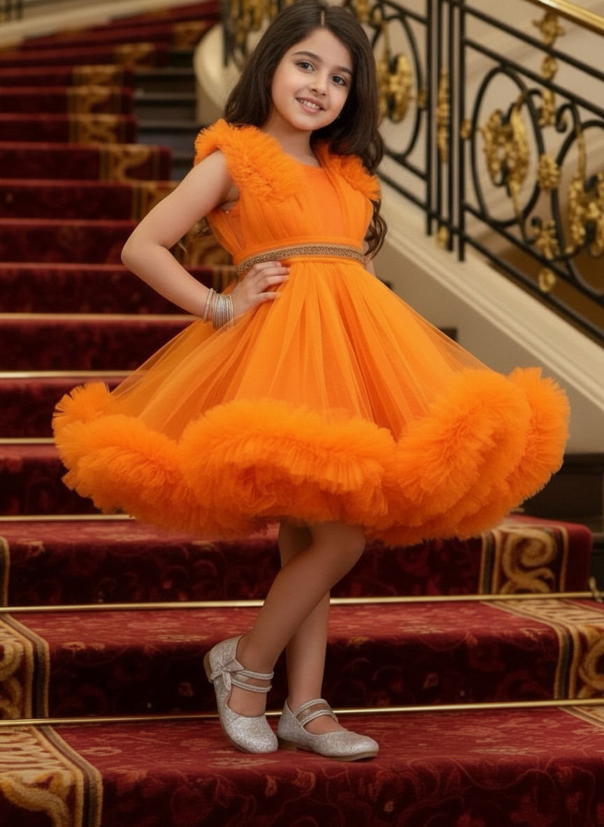 Girls orange knee length Party frock m240013