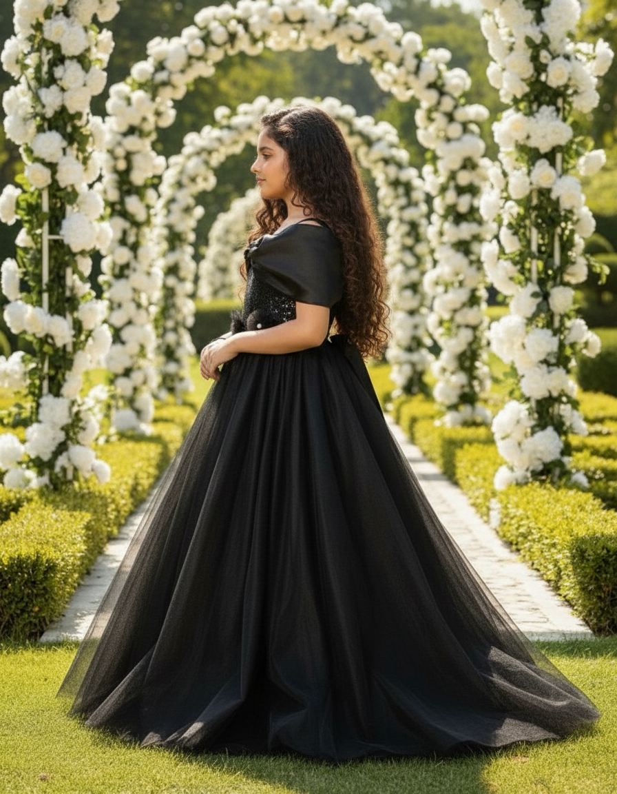 Black Flared Net Designer Gown For Girls