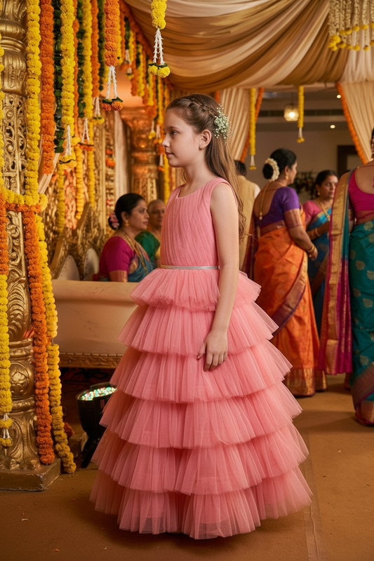 Girls peach casual frock m250059