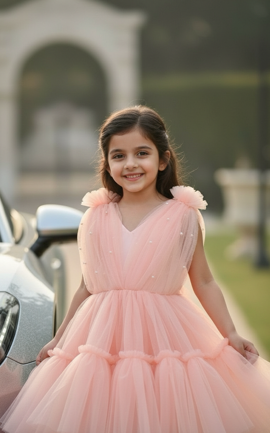 Childrens Party Dresses peach frock m250109