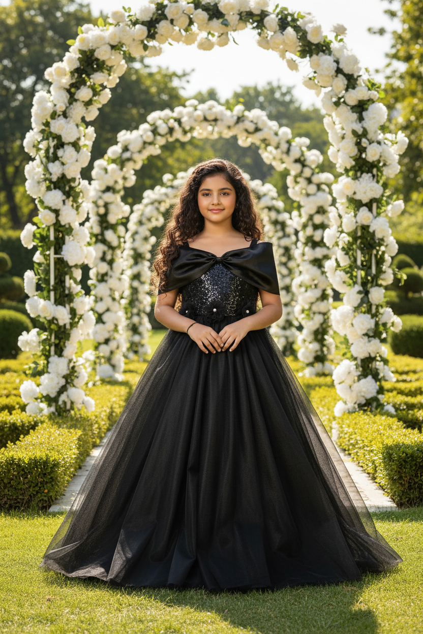 Black Flared Net Designer Gown For Girls