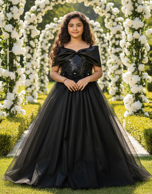 Black Flared Net Designer Gown For Girls