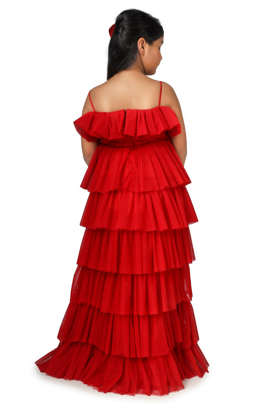 Red layered high low party wear gown
