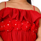 Red layered high low party wear gown