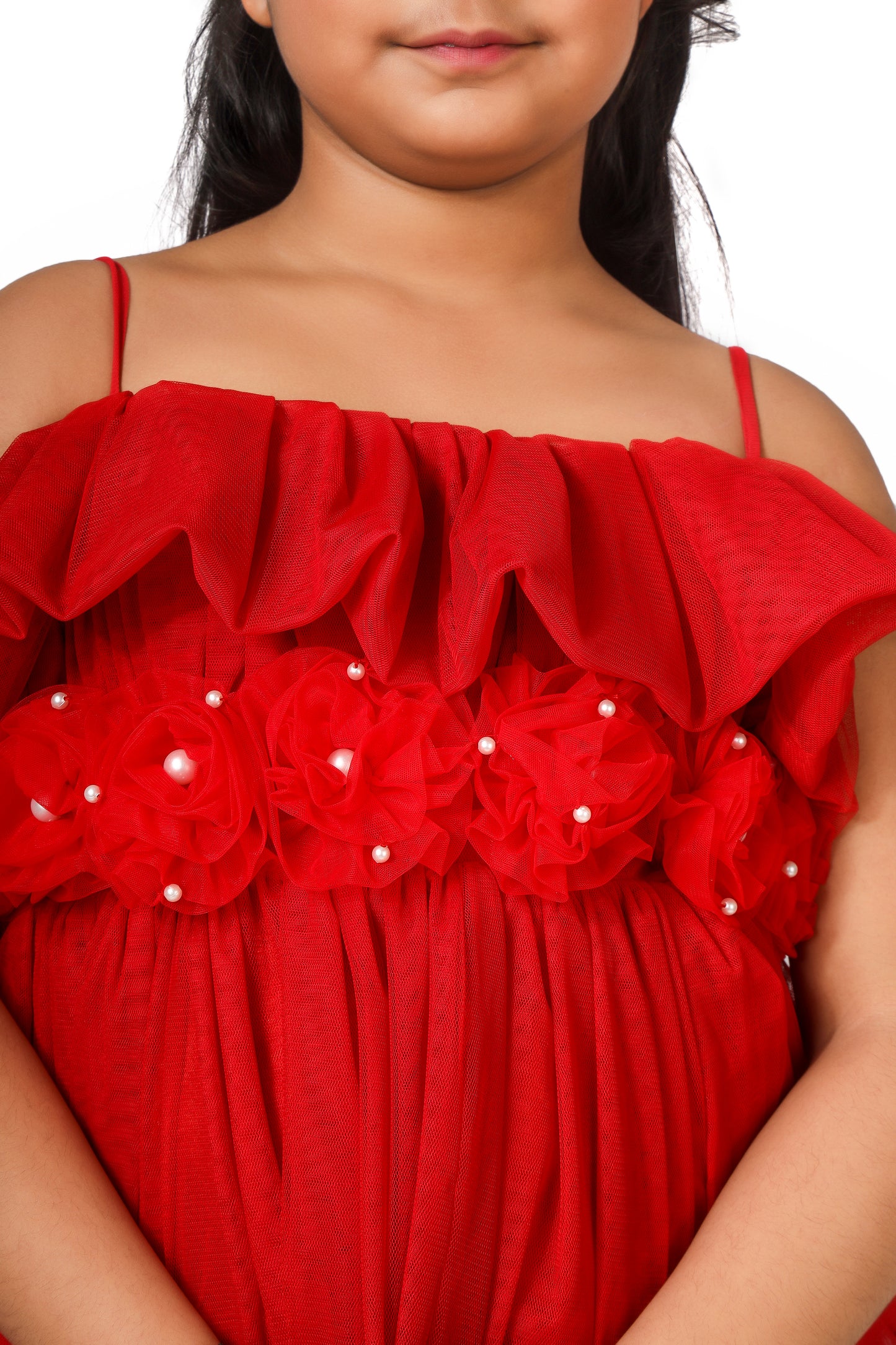 Red layered high low party wear gown