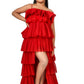Red layered high low party wear gown