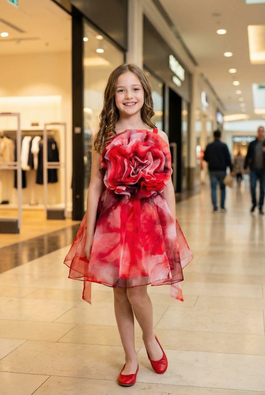 Girls Red knee length Casual frock m240062