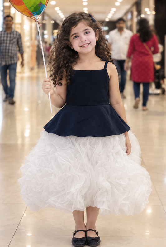 Chic Black & White Casual Frock with Ruffle Trim & Comfortable Fit for Girls M260132