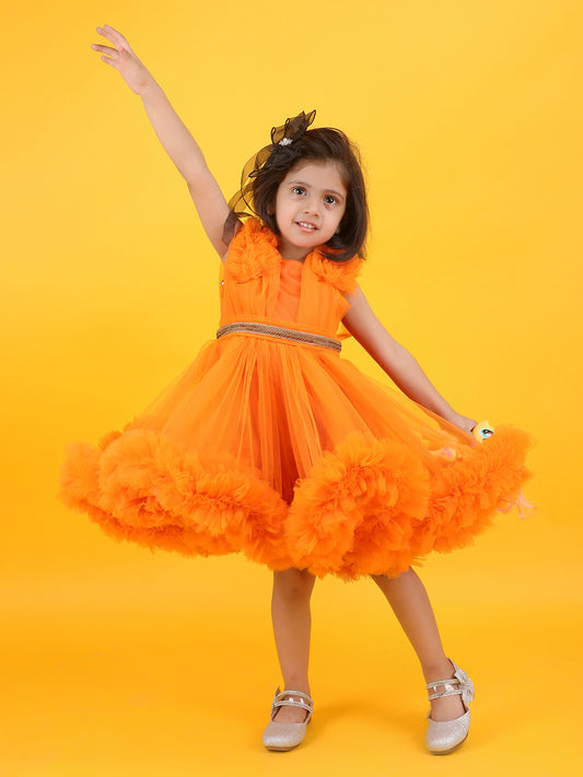 Girls orange knee length Party frock m240013