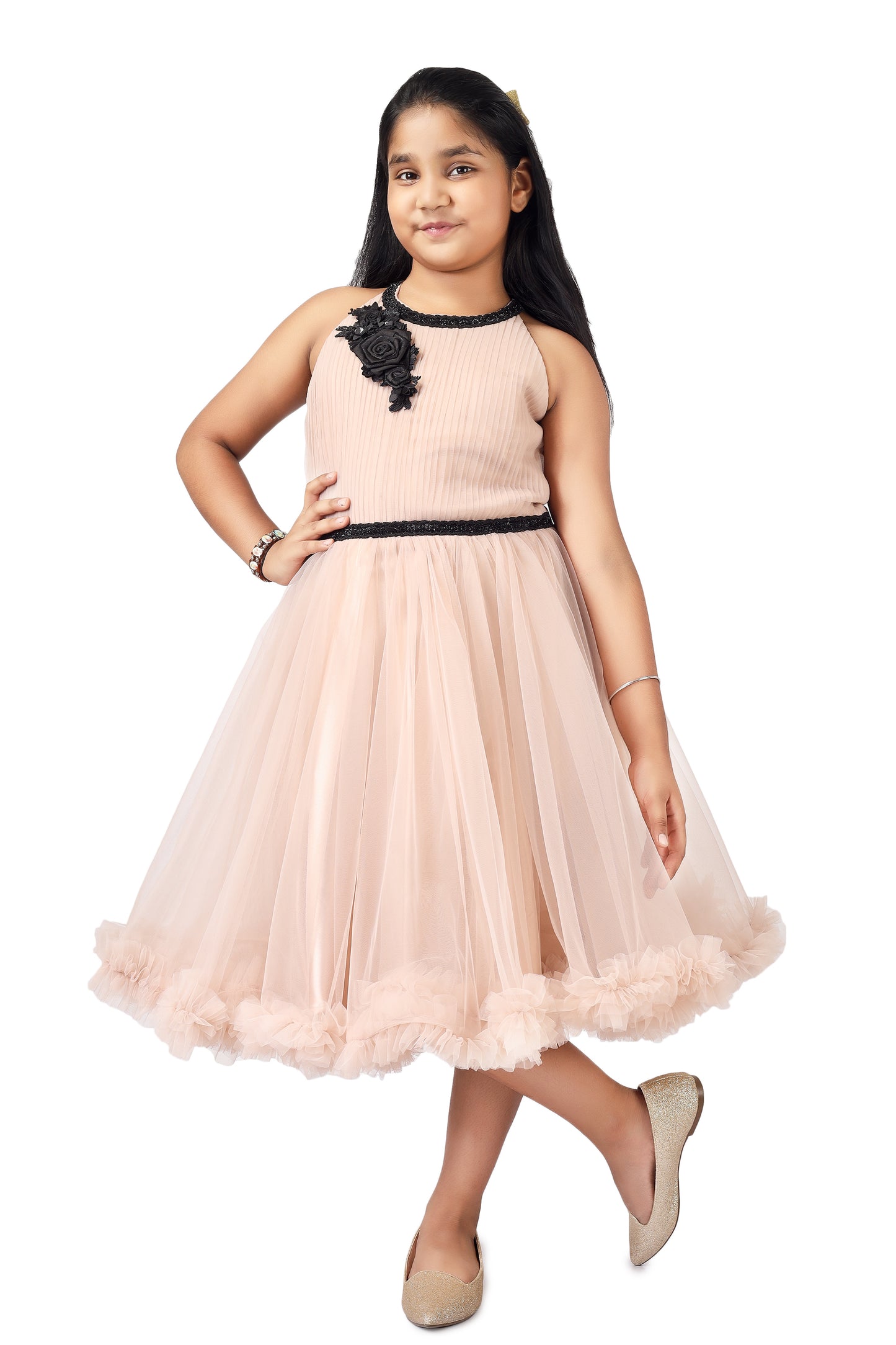 Girls champagne knee length Party frock m234101