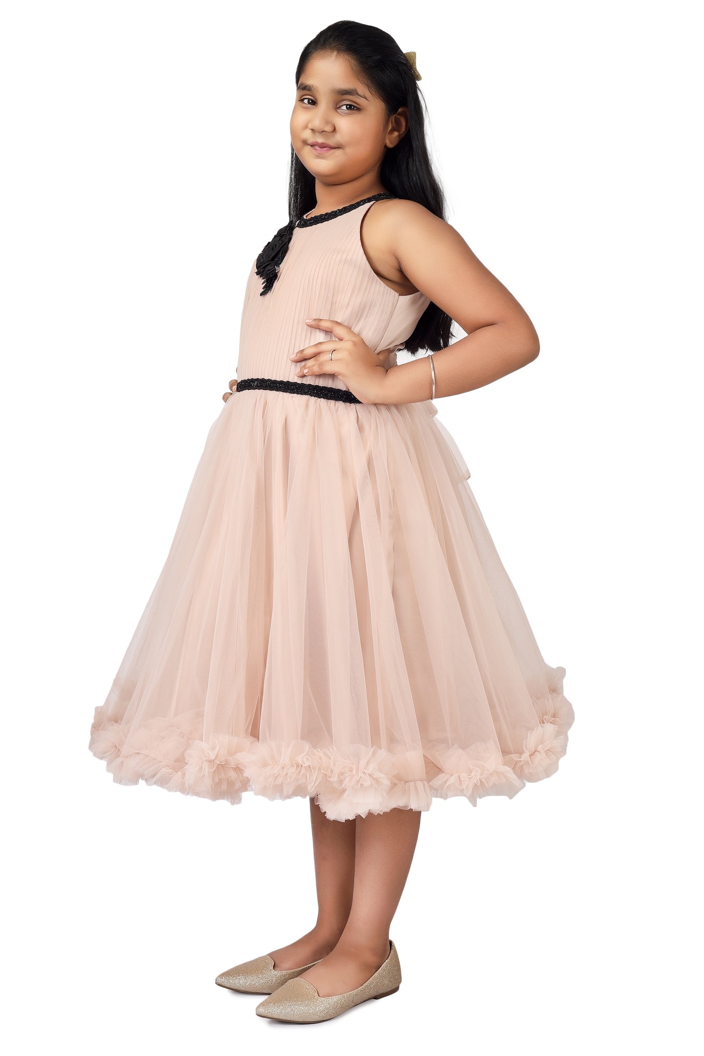 Girls champagne knee length Party frock m234101