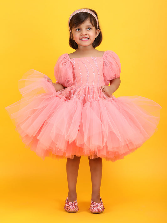 Girls Peach knee length Party frock M240009