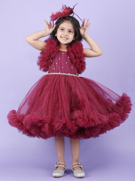 Girls Wine knee length Party frock M240020