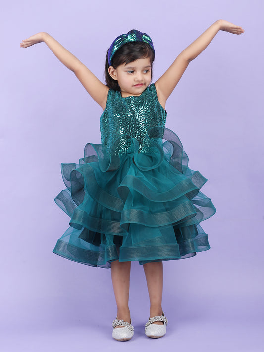 Girls Green knee length Party frock m240019