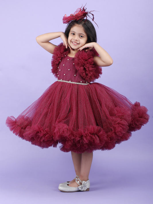 Girls Wine knee length Party frock M240020